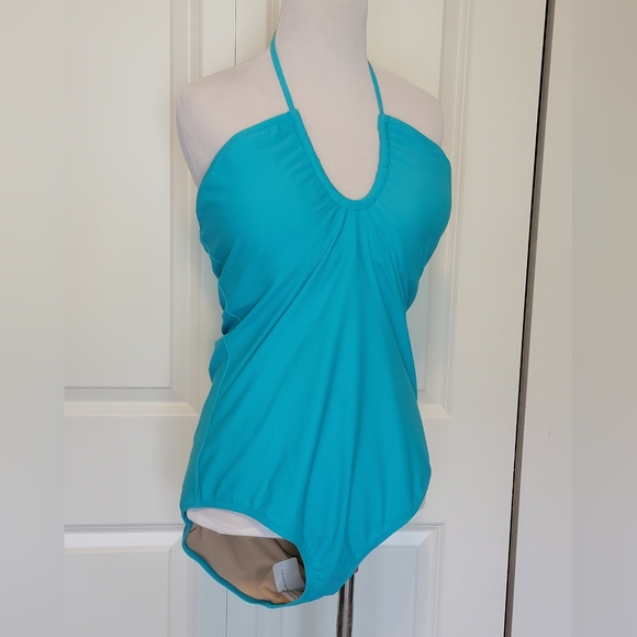 NWT J.Crew Factory Women's Keyhole One Piece Halter Swimsuit Radiant Aqua- L - Picture 3 of 9